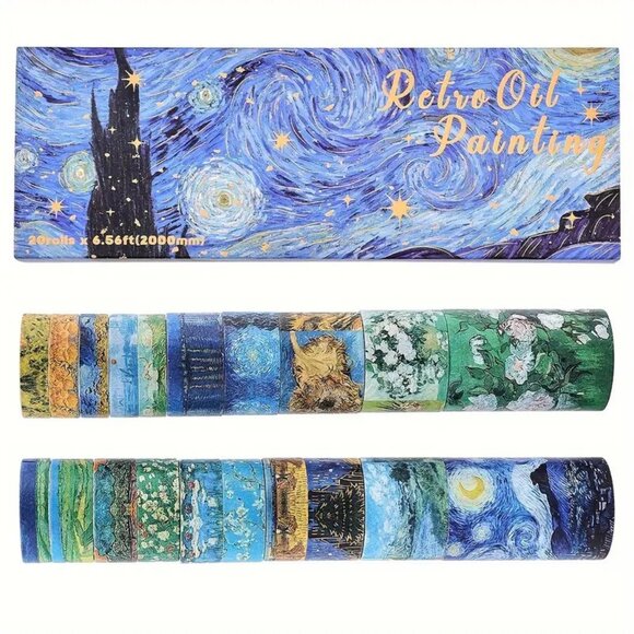 NEW 20 Rolls Washi Tape Box Set - Van Gogh Retro Paint Nature Starry Night - Picture 7 of 8